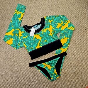 NEW Jungle Palm Leaf Crop Long Sleeve Rash Guard Bathing Suit Bikini